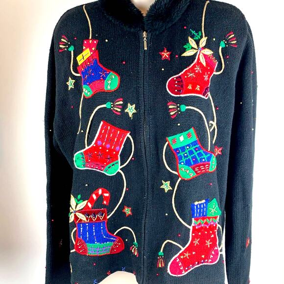 Designer Studio L Black Christmas Cardigan Pretty Sweater Zips - Picture 1 of 13